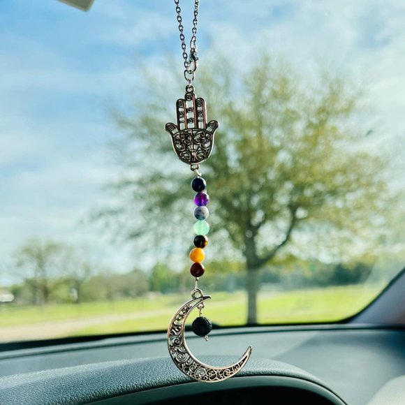 Handmade 7 Chakra Car Ornament Charm Moon Hamsa Natural Stone Protection Balance - Picture 3 of 11